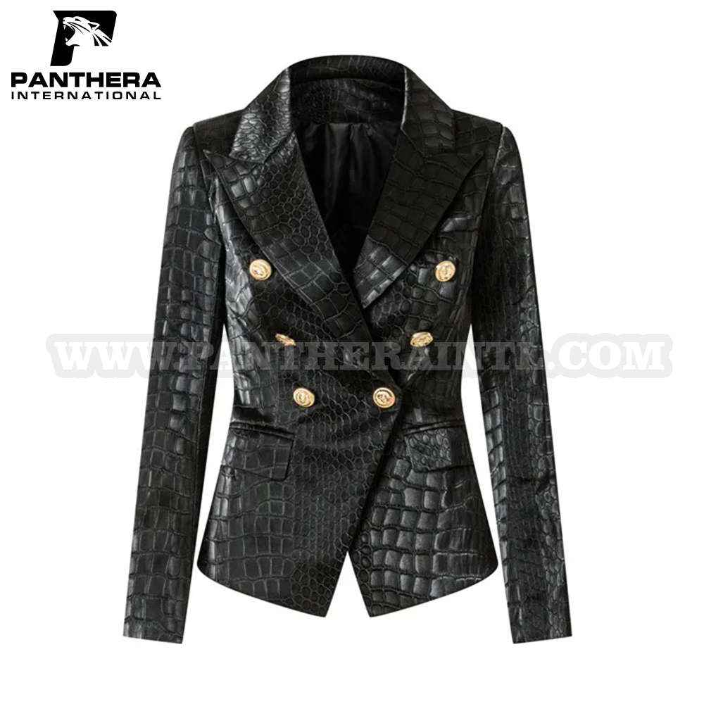 Best Hot Selling Modern Woman Notched Double Breasted Gold Button Jacket Slim Blazer