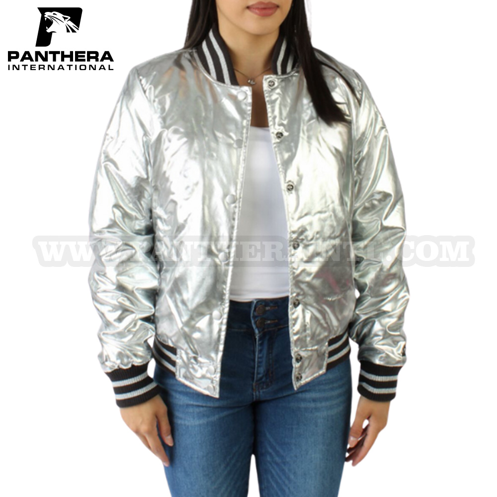 Satin Silver Shiny Varsity Jacket