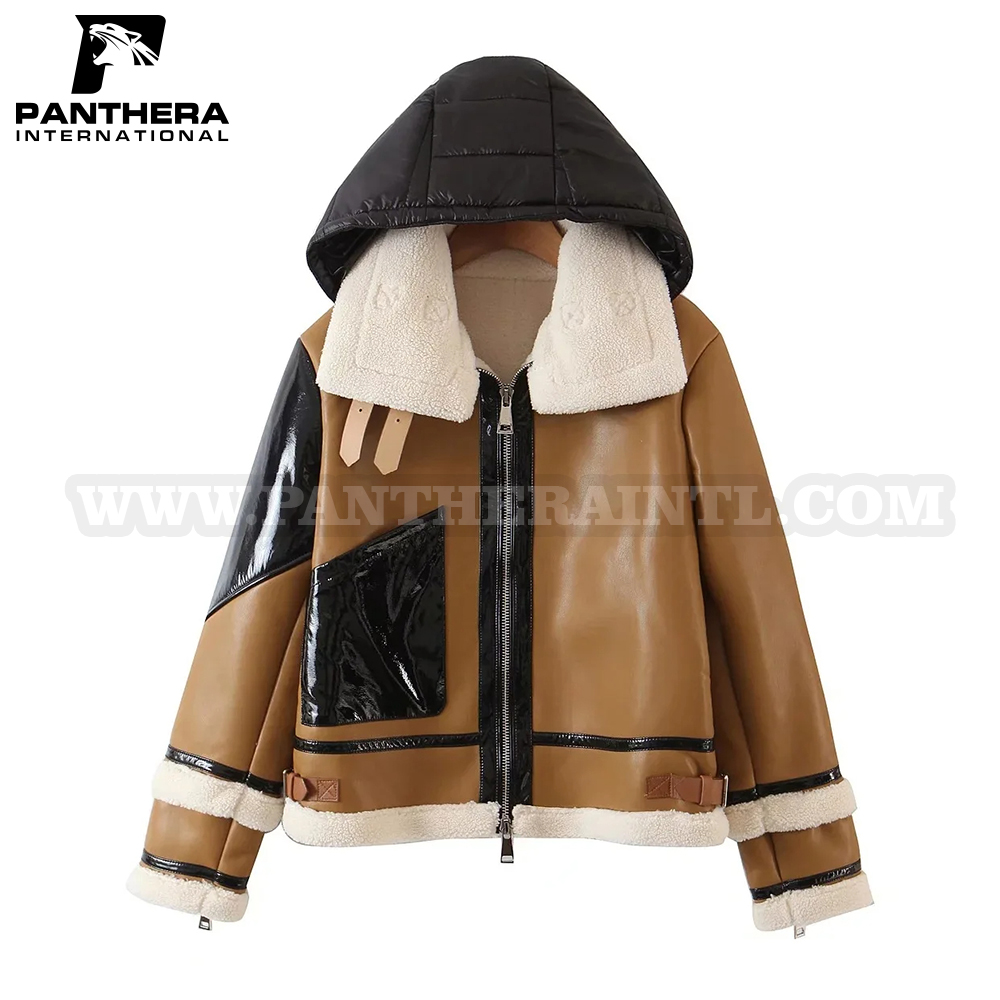 Winter Women Patchwork Faux Fur Leather Jacket Warm Hooded Coat Women's Hoodies