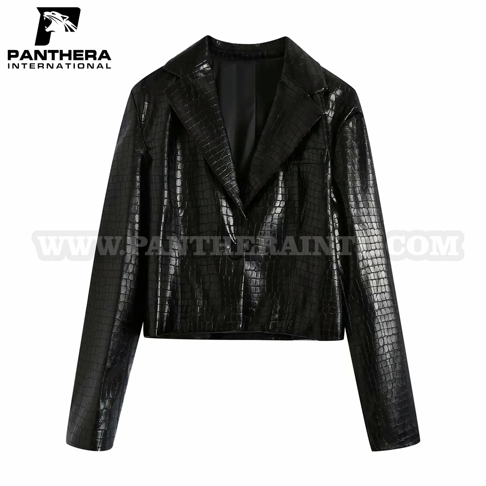 Women Cropped Long Sleeve Pu Leather Blazers