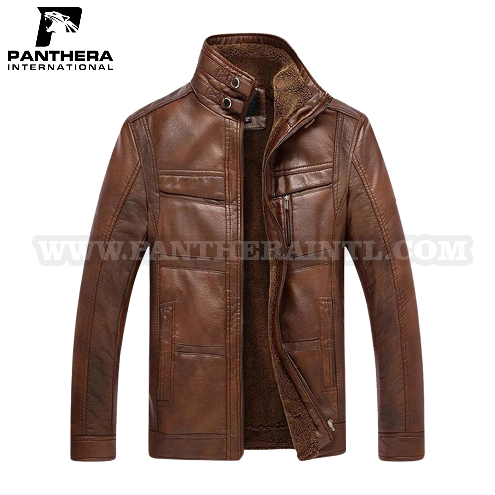 faux leather fleece lining men jacket zipper warm daily office short jackets