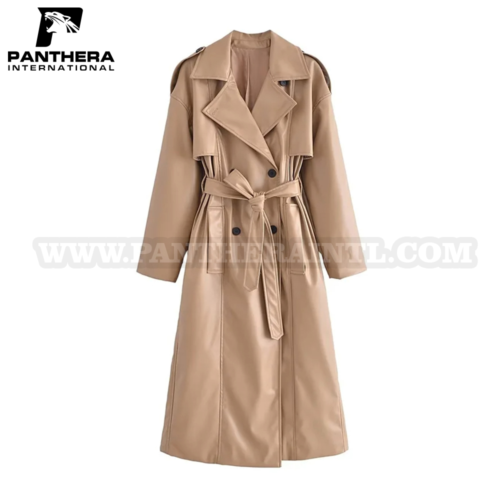 new women's brown bow tie faux leather trench coat waterproof